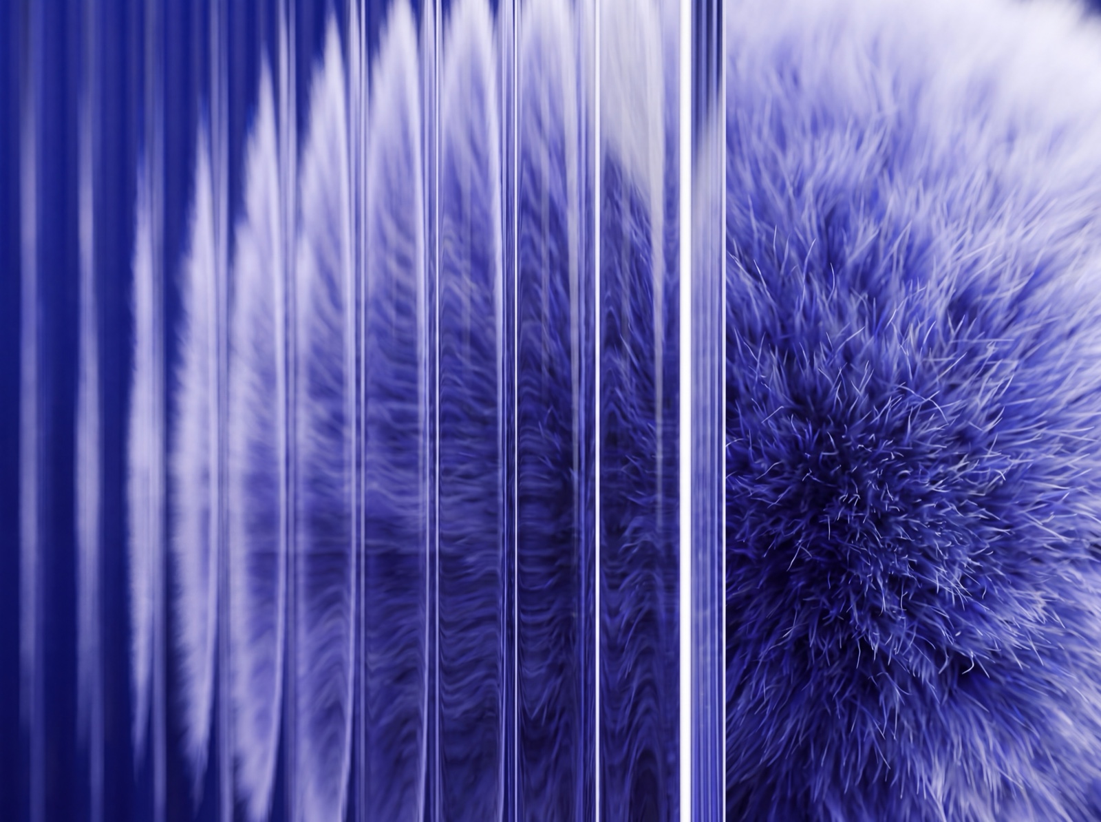 Close-up of a fur sphere seen partly through fluted glass